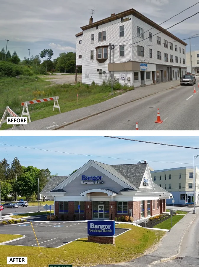 Previous Brownfields site in urban center and the redevelopment of site with a local banking institution building